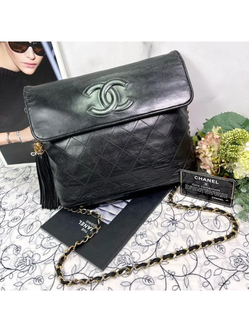 Chanel Vintage Quilted CC Logo Fringe Black